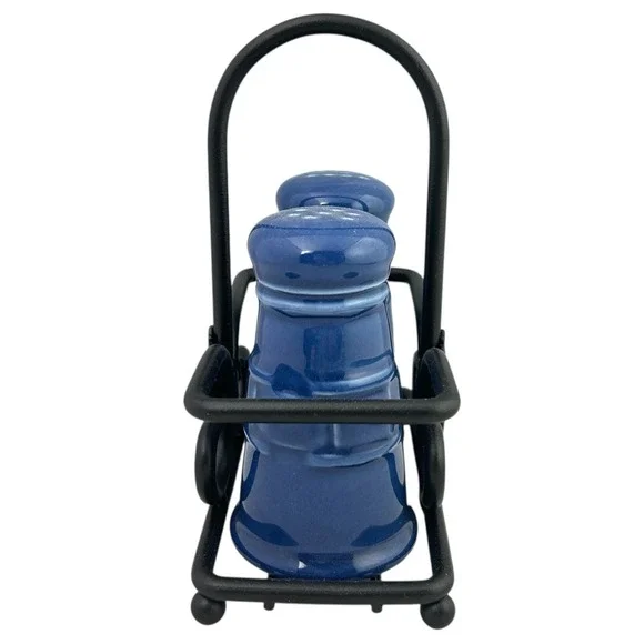Longaberger Cornflower Blue Salt & Pepper Shaker Set w/ Black Wrought Iron Caddy - Picture 4 of 14